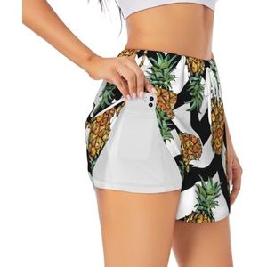 Ananas met zwart-wit gestreepte print dames hoge taille atletische workout shorts tweelaagse gym shorts casual comfortabele sport shorts, Wit, S