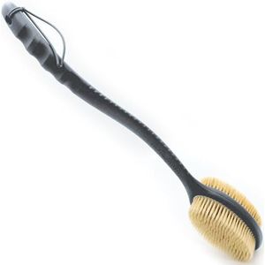 Avilana Doucheborstel met lang gebogen handvat, lange siliconen handgreep rugschrobber met dubbelzijdig lang handvat baddoucheborstel met zachte en stijve haren (lange handgreep grijs)