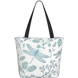 OPSREY Zwart en wit bloemen gedrukt Tote tas boodschappentas casual schoudertas opbergtas, libelle, Eén maat