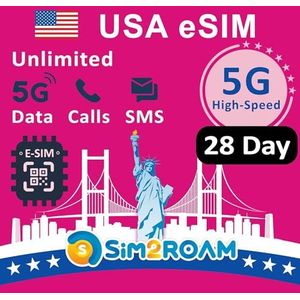 VS Prepaid eSIM-kaart|Onbeperkte 5G/4G-internetdata in de VS (inclusief Hawaï)+5 GB 5G/4G-data in Canada en Mexico|Onbeperkt bellen en sms'en tussen de VS, Canada en Mexico|Hervulbaar (28 dagen)