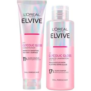 L'Oréal Paris Elvive Glycolic Gloss Conditioner met Glycolzuur 150ml + 5 Minuten Lamineringsbehandeling Voor Dof en Poreus Haar 200ml - 2 Flessen
