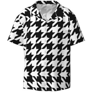 OdDdot Houndstooth zwarte print heren button down shirt korte mouw casual shirt voor mannen zomer business casual overhemd, Zwart, 3XL