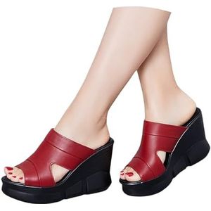 Dames Sandalen Met Vis Mond, Casual Dames Wig Peep Toe Hoge Hak Comfortabele Platform Slippers PU Leer Slip Op Slippers Anti-Slip Zomerschoenen(Red,40 EU)