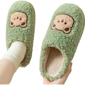 UALXPAO Pluizige pantoffels voor vrouwen en vrouwen, huisslippers harige indoor slaapkamer appartementen warme pluche koppels schattige cartoon beer winter vloer slippers antislip schoenen, Groen,