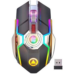 2,4 GHz draadloze gamingmuis oplaadbare 1600 DPI, ergonomische muis RGB achtergrondverlichting muis met USB-ontvanger, stille gaming-muizen gamer voor pc/Mac/laptop (zwart)