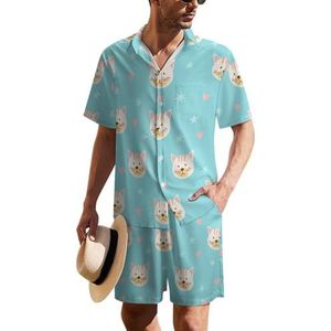 Cat Faces And Stars Hawaiiaanse pak voor heren, set van 2 stuks, strandoutfit, shirt en korte broek, bijpassende set