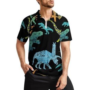 Grunge Dino Dinosaurus heren golfpoloshirts klassieke pasvorm T-shirt met korte mouwen bedrukt casual sportkleding top S