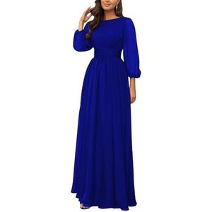 KURFACE Bruidsmeisjesjurken met lange mouwen, geplooide ronde hals, chiffon, bruidsmeisje, formele avondjurk, koningsblauw, 32