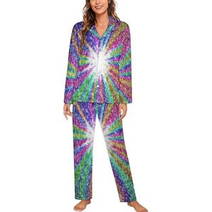 Glitter Regenboog Vrouwen Pyjama Sets Tweedelige Button Down Nachtkleding Lange Mouw Top En Broek Loungewear