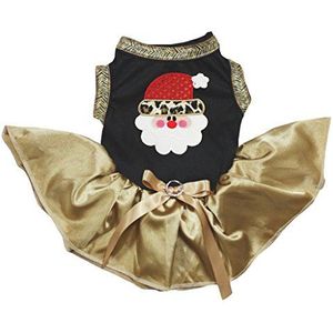 Petitebelle Luipaard Kerstman Gezicht Katoen Shirt Tutu Puppy Hond Jurk, X-Small, Zwart/Goud