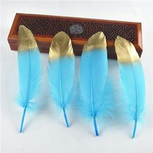 10 stks/partij goud gedimde natuurlijke ganzenveren voor ambachten hoeden versieringen pluimen decor veren DIY bruiloft veren decoratie-blauw goud