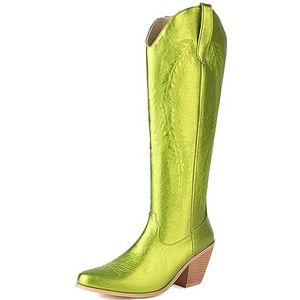 SJJH Modieuze kniehoge cowboylaarzen voor dames met puntige kant en lage blokhak - retro cowboylaars-design, groen, 38 EU
