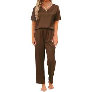 Reliwel Satijnen pyjama dames V-hals pyjama dames met knoopsluiting zomer tweedelig huispak korte mouwen top & lange pyjamabroek nachtkleding zachte Pj Sets grijs, M, bruin, M