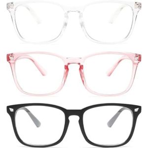 3 stuks blauwe lichtblokkerende glazen voor vrouwen en mannen, modieuze vierkante nep-nerd-oogglazen, frame, anti-uv-stralingsfilter, computergamingbril (mat zwart + transparant + roze), Transparant