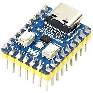 Waveshare RP2040-Zero Board met pinheader, gebaseerd op Raspberry Pi MCU RP2040, dual-core arm Cortex M0+ processor, flexibel klokt tot 133 MHz, onboard 2 MB Flash, USB-C-aansluiting