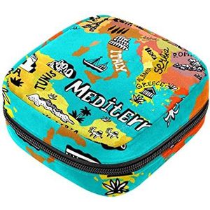 Maandverband Opbergtas, Vrouwelijke Product Pouches Draagbare Periode Kit Tas voor Meisjes Vrouwen Dames Kaart van Middellandse Zee, Meerkleurig, 4.7x6.6x6.6 in/12x17x17 cm