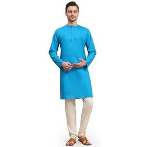 SKAVIJ Heren Kurta Pyjama Lange Mouw Tuniek 2-Delige Set (Turkoois, M)