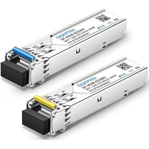 QSFPTEK 1,25G BIDI WDM SFP module, 1000Base-BIDI transceiver 20km Simplex LC Port, Tx1310/Rx1550nm transceiver compatibel met Cisco GLC-BX-U, GLC-BX-D, UF-SM-1G-S, microtiek (SMF, 20 km, DDM)