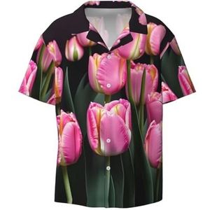 OdDdot Roze en Tulpen Print Print Heren Overhemden Atletisch Slim Fit Korte Mouw Casual Business Button Down Shirt, Zwart, XXL