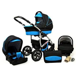 Kinderwagen 3 in 1 complete set met autostoeltje Isofix babybad babydrager Buggy Larmax van ChillyKids black & blue 2in1 zonder autostoel
