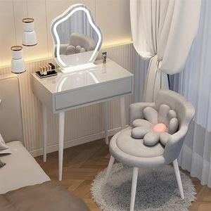 EdNey Kaptafel set, voor slaapkamer kleedkamer, met 3-kleuren dimbare verlichte spiegel, met comfortabele make-up kruk, met lade (kleur: grijs, maat: L-60 cm)