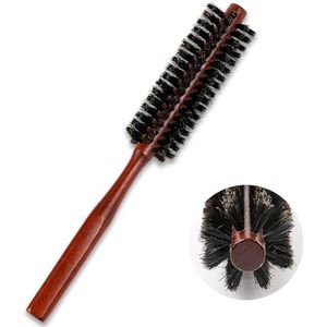 Xuxinsheng Ronde manenborstel van wilde zwijnen, kleine ronde borstel, draagbare manenhaarborstel, ergonomisch natuurlijk houten handvat, mini-rollende ronde haarborstel voor het drogen van haar