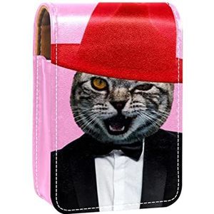 Gepersonaliseerde Lipstick Case Draagbare Make-up Tas Cosmetische Pouch Lippenstift Houder Make-up Organizer Knappe Mr Cat met Zwart Pak Rode Top Hoed Roze, Meerkleurig, 9.5x2x7 cm/3.7x0.8x2.7 in