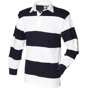 Front Row Rugby poloshirt, lange mouwen, gestreept, wit en marineblauw (witte kraag), XXL