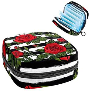 Maandverband Opbergtas, Periode Kit Bag voor School, Menstruatie Cup Pouch, Maandverband Pads Organizer Bag, Bloeiende rode rozen Zwart witte strepen