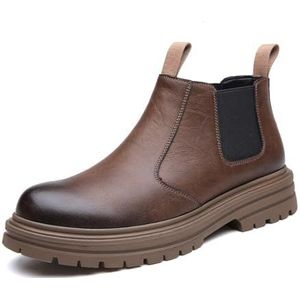 Men's Genuine Leather Elastic Slip-on Chelsea Ankle Boots Classic Round Toe Low Heel Casual Formal Dress Boots (Color : Brown velvet, Size : EU 42)