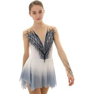 Kunstschaatsjurk for meisjes Glanzende strass-dames mesh lange mouwen patchwork ijswedstrijd dansoutfits(4XL)