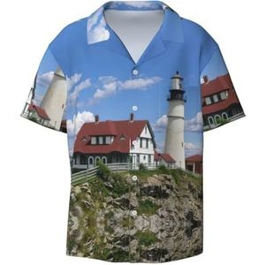 TyEdee Lighthouse Achtergrond Print Heren Korte Mouw Jurk Shirts Met Zak Casual Button Down Shirts Business Shirt, Zwart, M