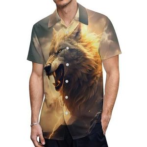 Wolf in Mountains with Lightning Surrounding Hawaïaans overhemd voor heren, korte mouwen, button-down shirts, casual strandtops, zomer