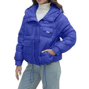 HaicoM Licht gewatteerde jas dames, dames winterjas met zakken, rits up puffer jassen dames opvouwbare korte verdikte kleding vrouwen populaire heldere staande kraag losse gewatteerde jas, Blauw, XXL