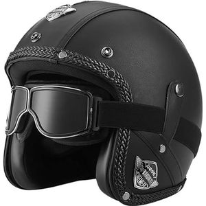 3/4 Half Helm Open Gezicht Motorfiets Half Helm Retro Motorhelm Jet Helm met Bril Retro Cruiser Chopper Scooter Open Gezicht Helm DOT/ECE Goedgekeurd J,XL=61-62cm