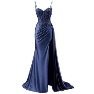 KURFACE Satijnen galajurken voor dames met split kant applicatie spaghettibandjes beroemdheden optocht jurk formele jurk, Donkerblauw, 32