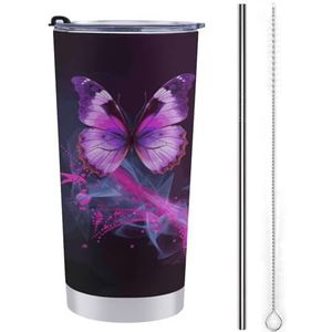 LHDGSJE Paarse vlinder geïsoleerde beker herbruikbare roestvrijstalen mok reizen koffiemok lekvrij grote capaciteit auto beker geïsoleerde waterfles past in auto bekerhouder