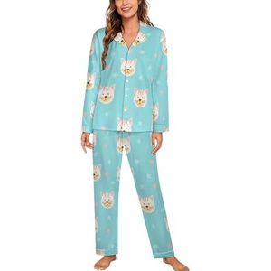 Kattengezichten en sterren pyjama sets met lange mouwen voor vrouwen klassieke nachtkleding nachtkleding zachte pyjama loungesets