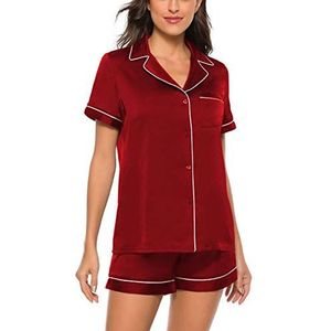 Dames Pyjama Set Met Korte Mouwen En Korte Broek, Huidvriendelijk Nachthemd Voor Thuis,Red,Medium