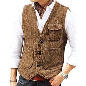 Heren retro visgraat pakken wollen vesten tweed gilets bruidegom S-3XL, BRON, XL