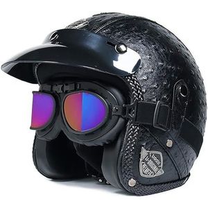 Jethelm met vizier, retro pilotenhelm voor brildragers, scooterhelm voor dames en heren in vintage look, motorhelm, ECE-certificering E,M=55-56CM