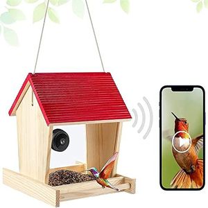 Smart Bird Feeder, Outdoor Garden Bird Camera 1080p, houten vogelhuisje met drainagegaten. Voor vogels kijken Foto's maken (trekt een verscheidenheid aan buitenvogels naar uw tuin)(16G, Red)