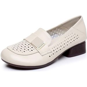 Damesloafers Slip-on loafers Ademend leer Zakelijk geklede schoenen Comfort Casual kantoorwerkschoenen Dikke hak Moederschoen (Color : Beige, Size : 35)
