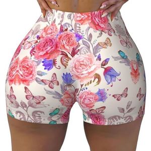 Unkhtt Bloem Rose Vlinder Print Workout Gym Korte Vrouwen Zomer Comfortabele Stretch Yoga Shorts Dagelijks Cacual Wear, Zwart, S
