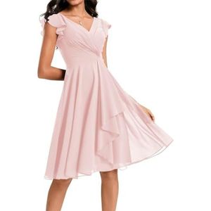 Chiffon bruidsmeisjesjurk met zakken voor dames, prinsessenjurk, baljurk, plooien, cocktailjurk, grote maten, Lichtroze, 36