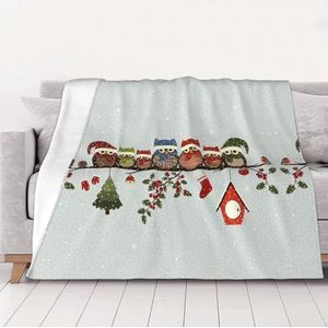 Wasbare, dubbelzijdige dikke schattige kerstuilen op takdeken, warme pluche deken voor bank, bank, bed, 152 x 203 cm