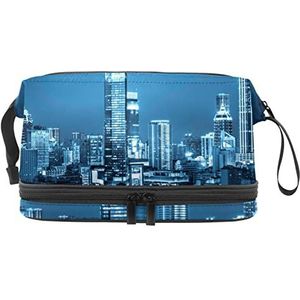 Grote capaciteit reizen cosmetische tas,Glanzende nacht stad,Make-up tas,Waterdichte make-up tas organisator, Meerkleurig, 27x15x14 cm/10.6x5.9x5.5 in
