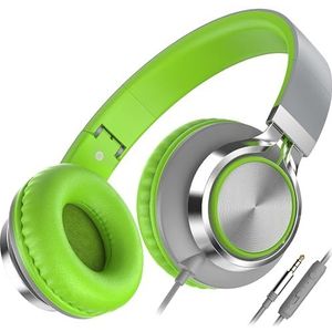 Ailihen C8 Opvouwbare hoofdtelefoon met microfoon en volumeregeling, lichtgewicht stereo headsets voor 3,5 mm Android mobiele telefoons smartphones laptop computer mp3 (grijs/groen)