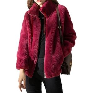 DJFOG Gewatteerde jas opstaande kraag Dubbelzijdige fleece jas, Vrouwen Faux Fur Coat Fuzzy Bont Jacket, Mode Thermische Jas, Rood, M