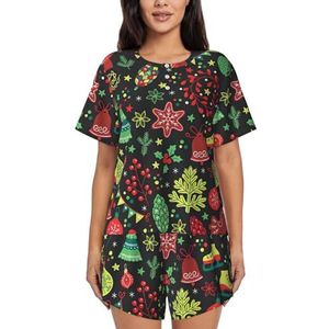 Kerstboom Print Dames Zomer Zachte Tweedelige Bijpassende Outfits Korte Mouw Pyjama Lounge Pyjama Sets, Zwart, XXL